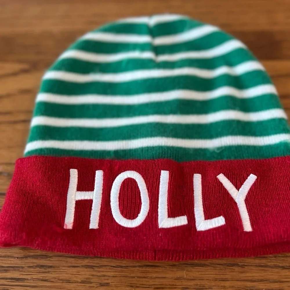 Stripped Beanie Green & White Red Trim & HOLLY  Size 20”